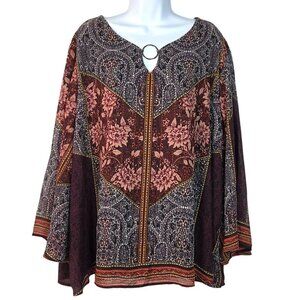 Plus Size 26/28W Floral & Paisley Pattern Wide Sleeve Blouse With Ring Detail